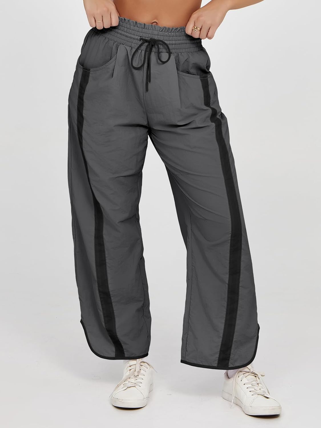 Fisoew Women's Baggy Wide Leg Pants Casual Drawstring Elastic Waisted Contrast Color Workout Y2K Track Pants