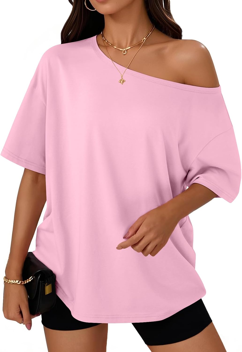 Trendy Queen Womens Off the Shoulder Tops Oversized Summer T-Shirts 2026