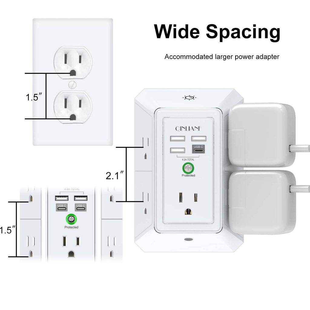 Wall Charger, Surge Protector, QINLIANF 5 Outlet Extender with 4 USB Ports