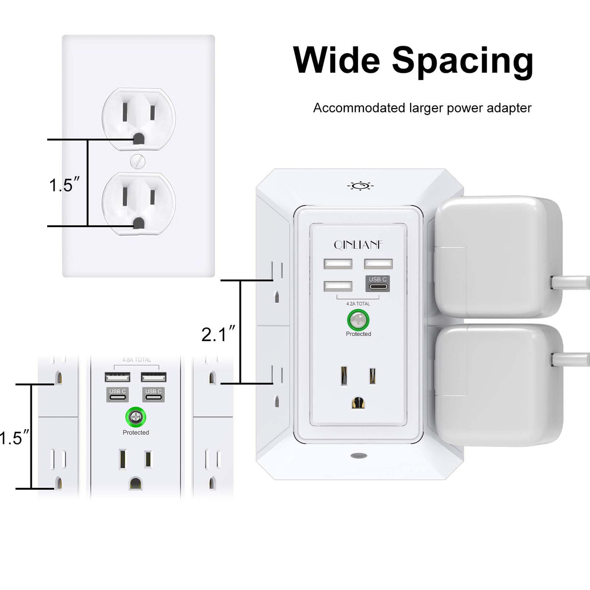 Wall Charger, Surge Protector, QINLIANF 5 Outlet Extender with 4 USB Ports