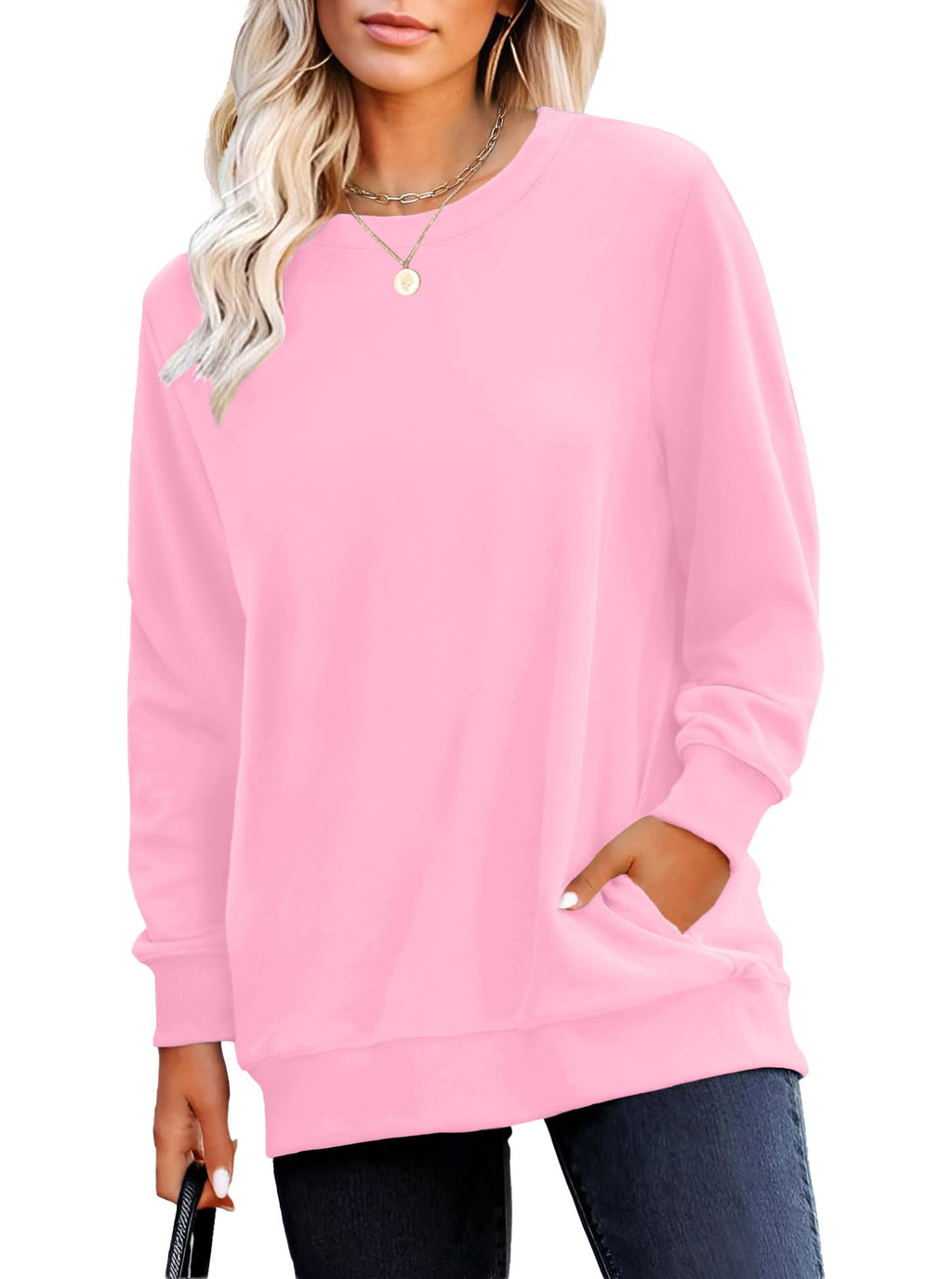 RUMIA Crewneck Fall Sweatshirt for Women Plain Long Sleeve Top with Pocket