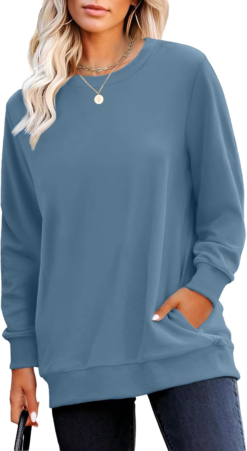 RUMIA Crewneck Fall Sweatshirt for Women Plain Long Sleeve Top with Pocket