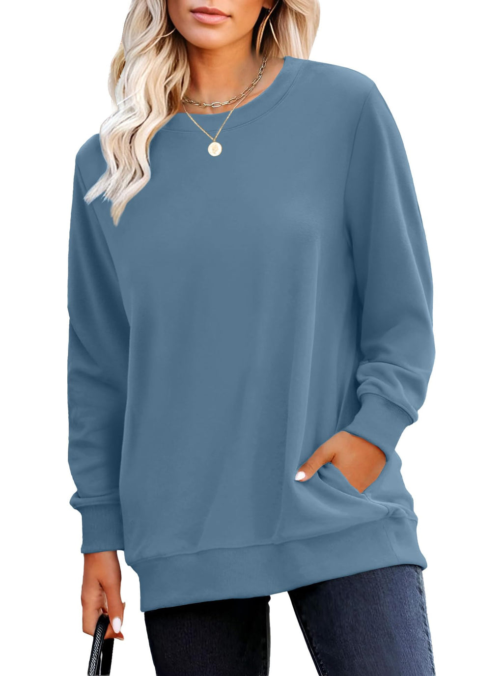 RUMIA Crewneck Fall Sweatshirt for Women Plain Long Sleeve Top with Pocket