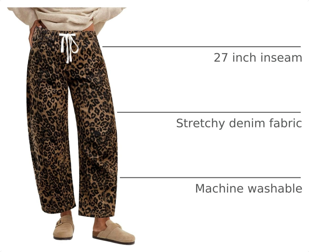 GRAPENT Barrel Jeans for Women Trendy High Waisted Pull On Wide Leg Cropped Leopard Cheetah Print Stretchy Denim Pants