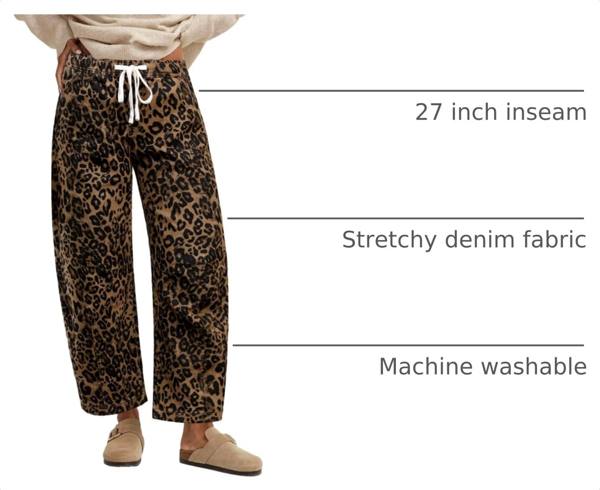 GRAPENT Barrel Jeans for Women Trendy High Waisted Pull On Wide Leg Cropped Leopard Cheetah Print Stretchy Denim Pants