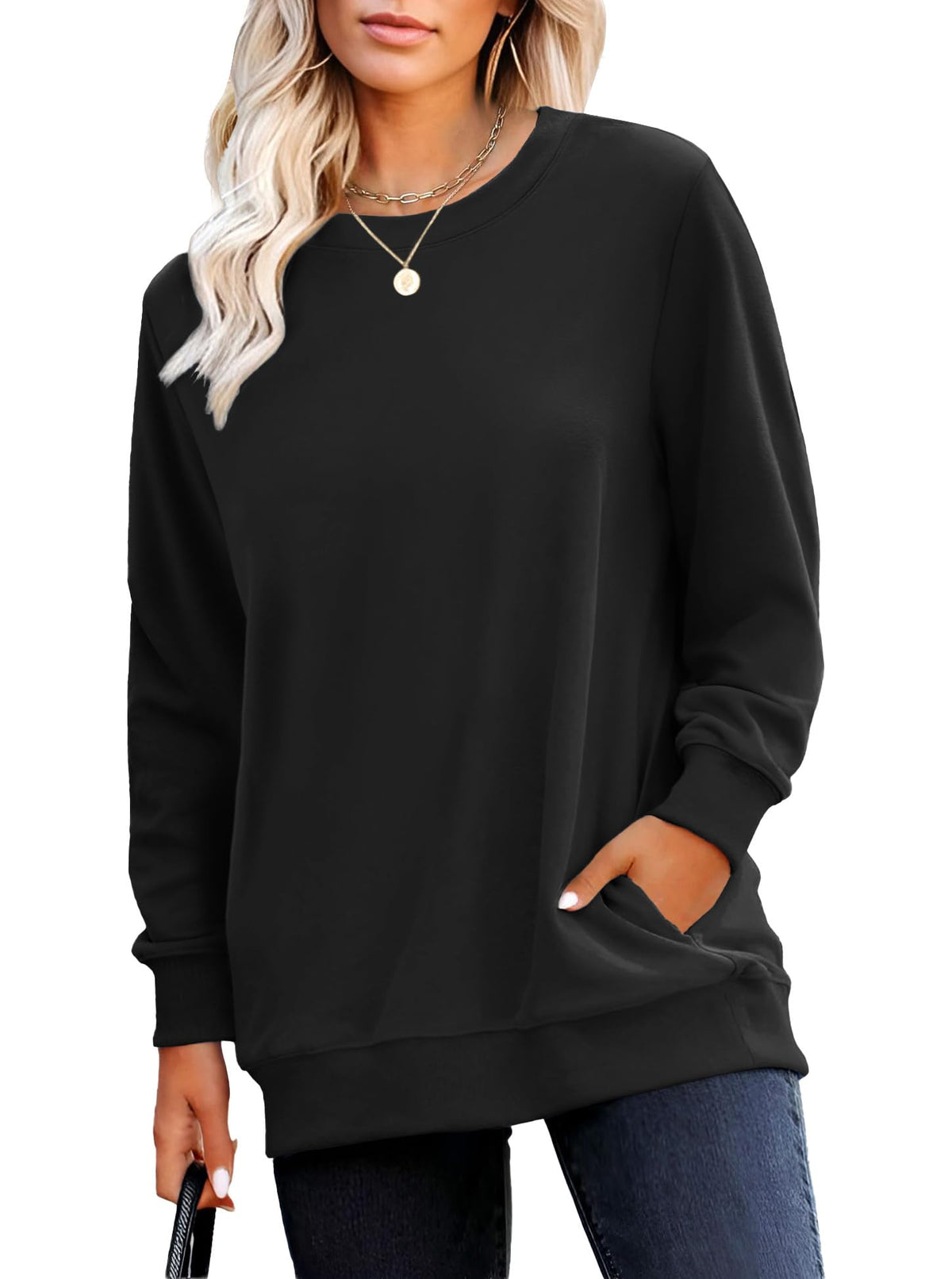 RUMIA Crewneck Fall Sweatshirt for Women Plain Long Sleeve Top with Pocket