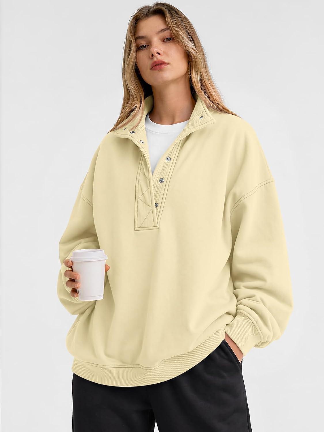Trendy Queen Womens Oversized Sweatshirts with Snap Button Henley Collar
