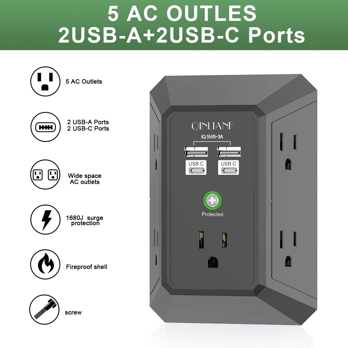 Wall Charger, Surge Protector, QINLIANF 5 Outlet Extender with 4 USB Ports