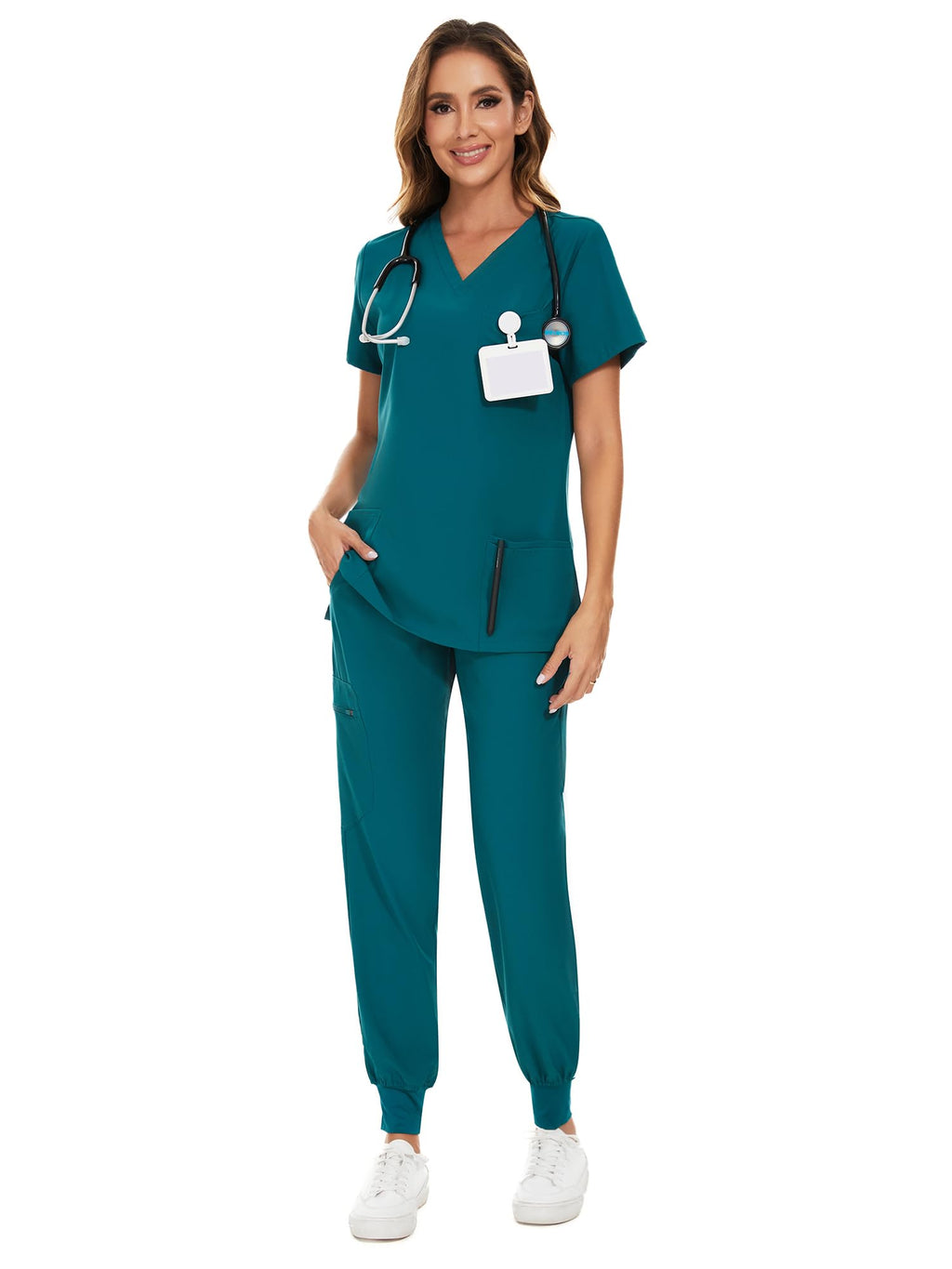 COZYFIT Scrubs for Women Set - Stretch V-Neck & Jogger Pant with 9 Pockets