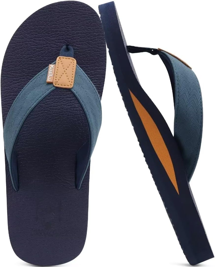 KuaiLu Mens Faux Leather Flip Flops with Comfortable Arch Support