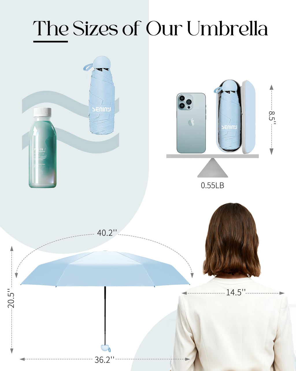 Seniny Mini Travel Umbrella with Case, Compact Pocket Size UV Sun & Rain