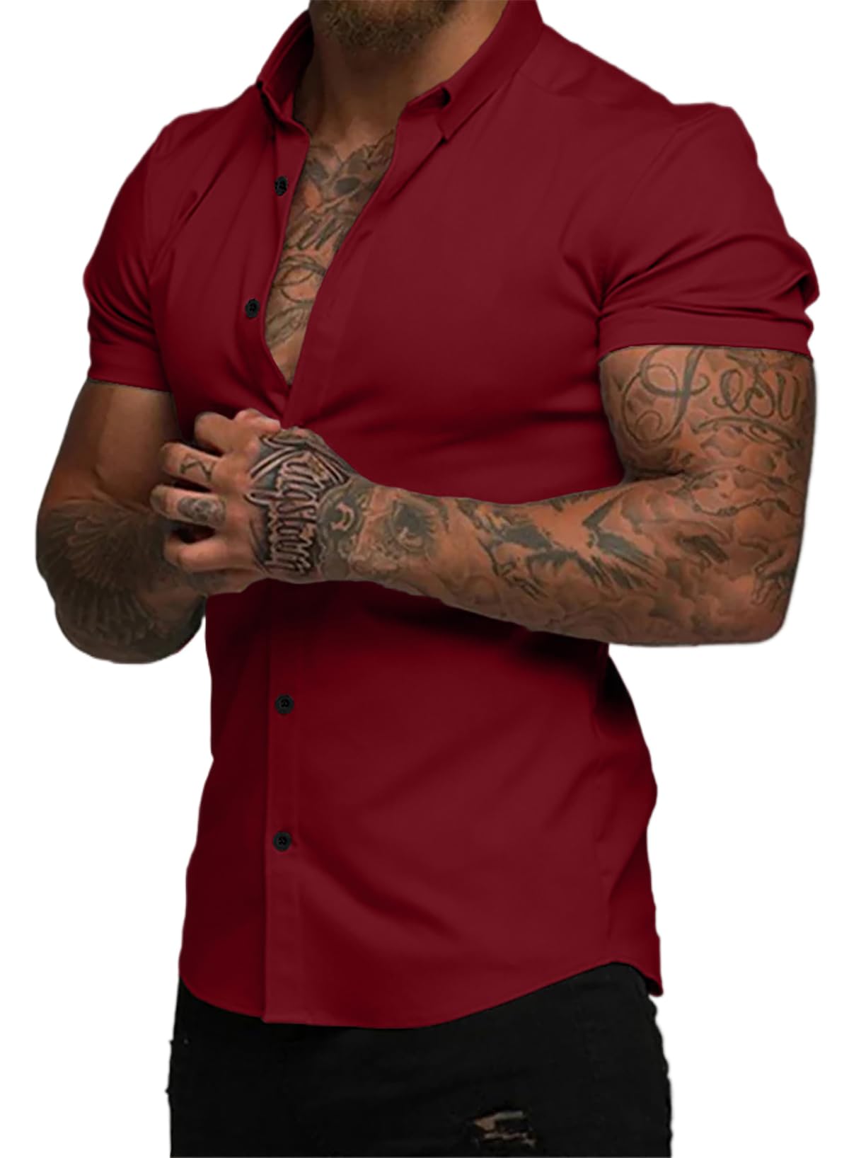 JMIERR Men's Muscle Fit High Stretch Wrinkle-Free Button Down Dress Shirts Summer Casual Short Sleeve Shirt