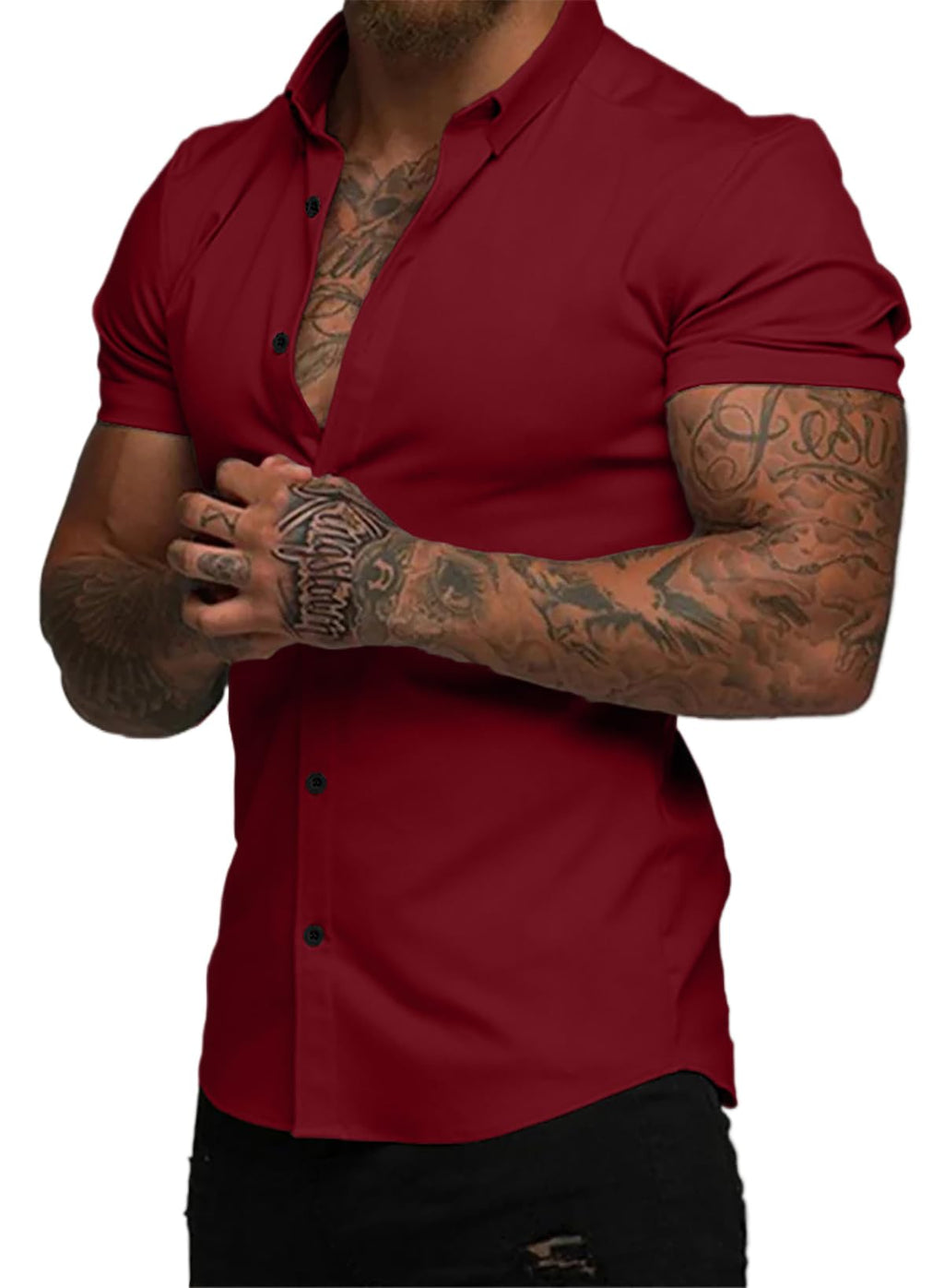 JMIERR Men's Muscle Fit High Stretch Wrinkle-Free Button Down Dress Shirts Summer Casual Short Sleeve Shirt