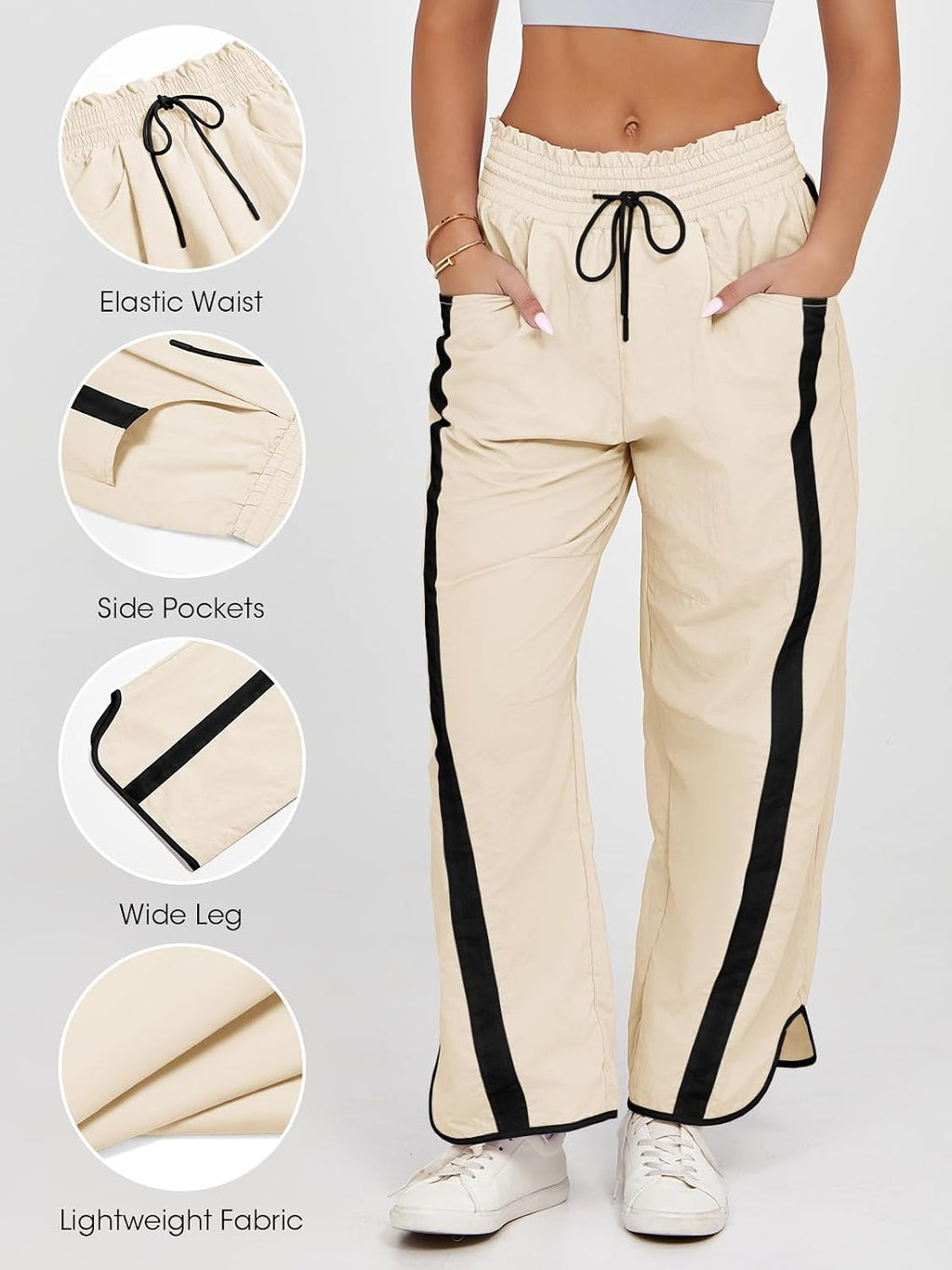 Fisoew Women's Baggy Wide Leg Pants Casual Drawstring Elastic Waisted Contrast Color Workout Y2K Track Pants