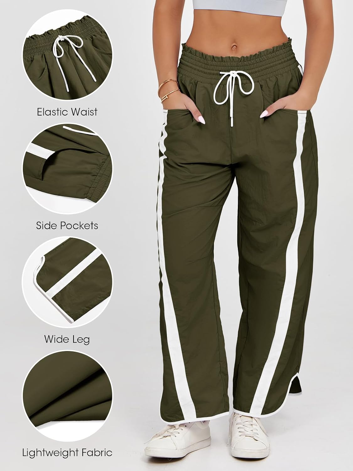 Fisoew Women's Baggy Wide Leg Pants Casual Drawstring Elastic Waisted Contrast Color Workout Y2K Track Pants