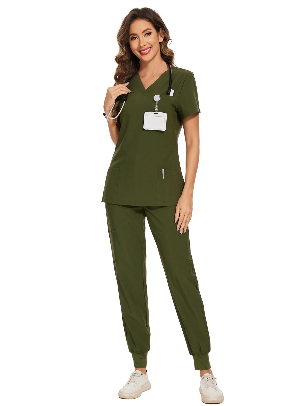 COZYFIT Scrubs for Women Set - Stretch V-Neck & Jogger Pant with 9 Pockets