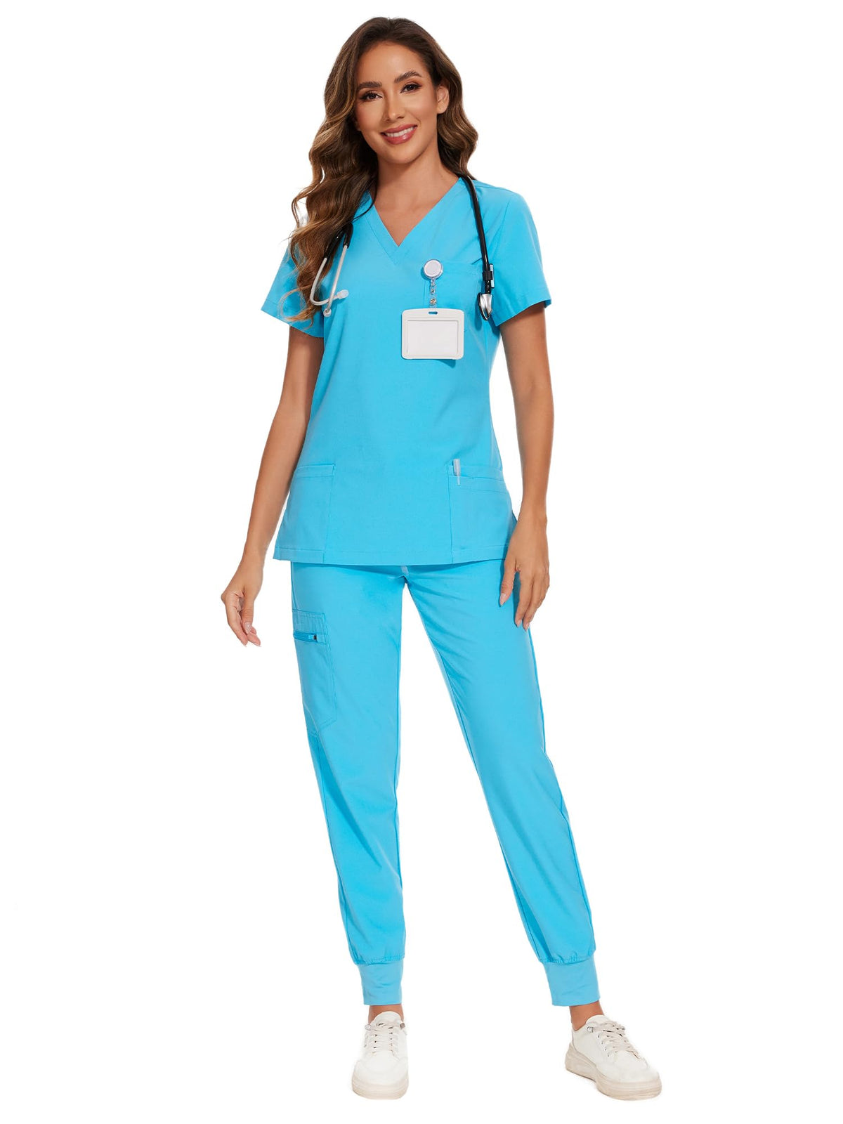 COZYFIT Scrubs for Women Set - Stretch V-Neck & Jogger Pant with 9 Pockets