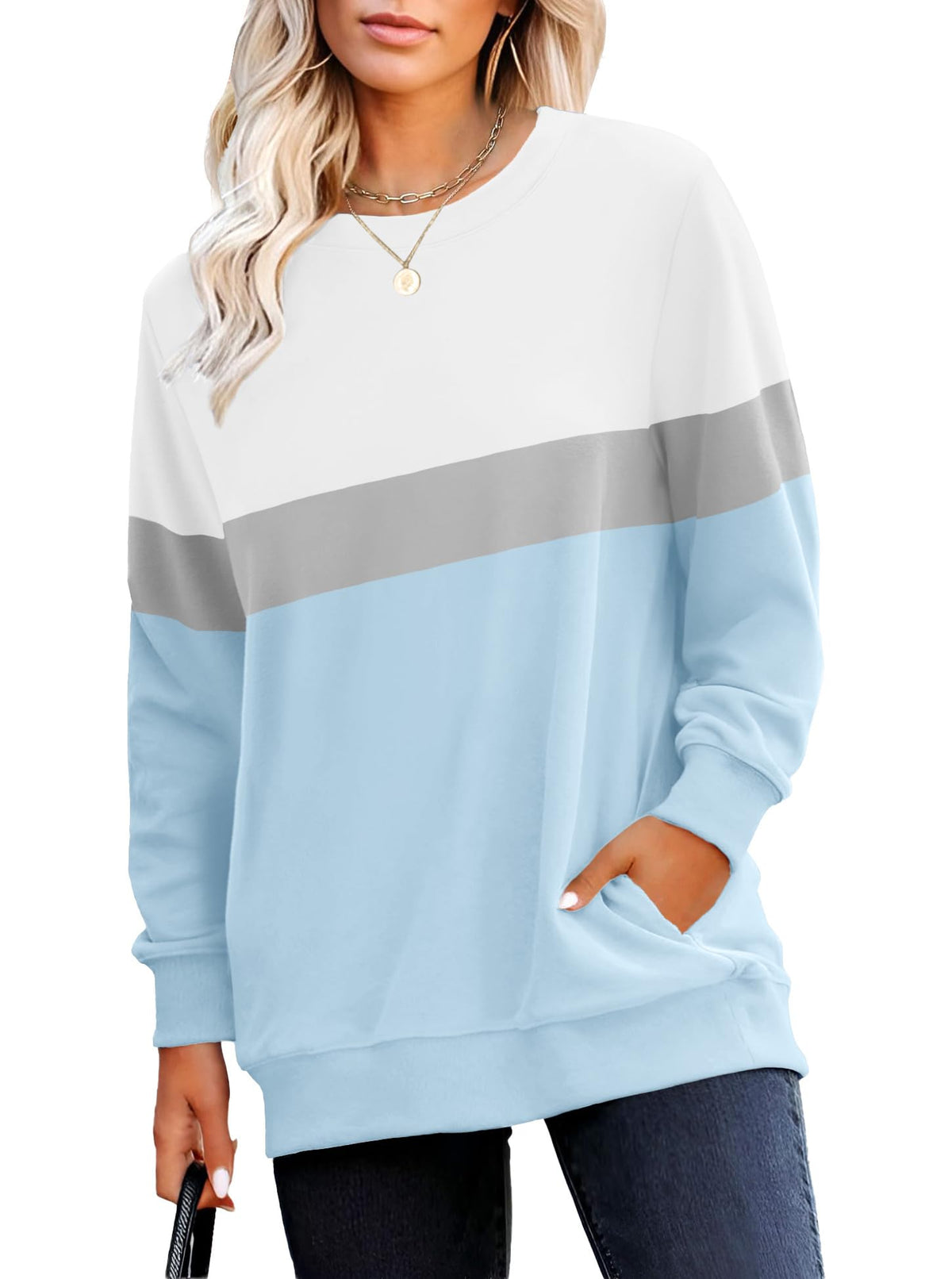 RUMIA Crewneck Fall Sweatshirt for Women Plain Long Sleeve Top with Pocket