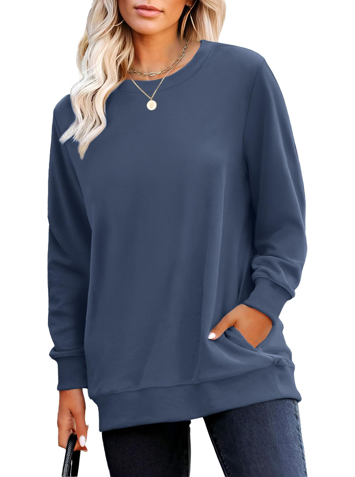 RUMIA Crewneck Fall Sweatshirt for Women Plain Long Sleeve Top with Pocket