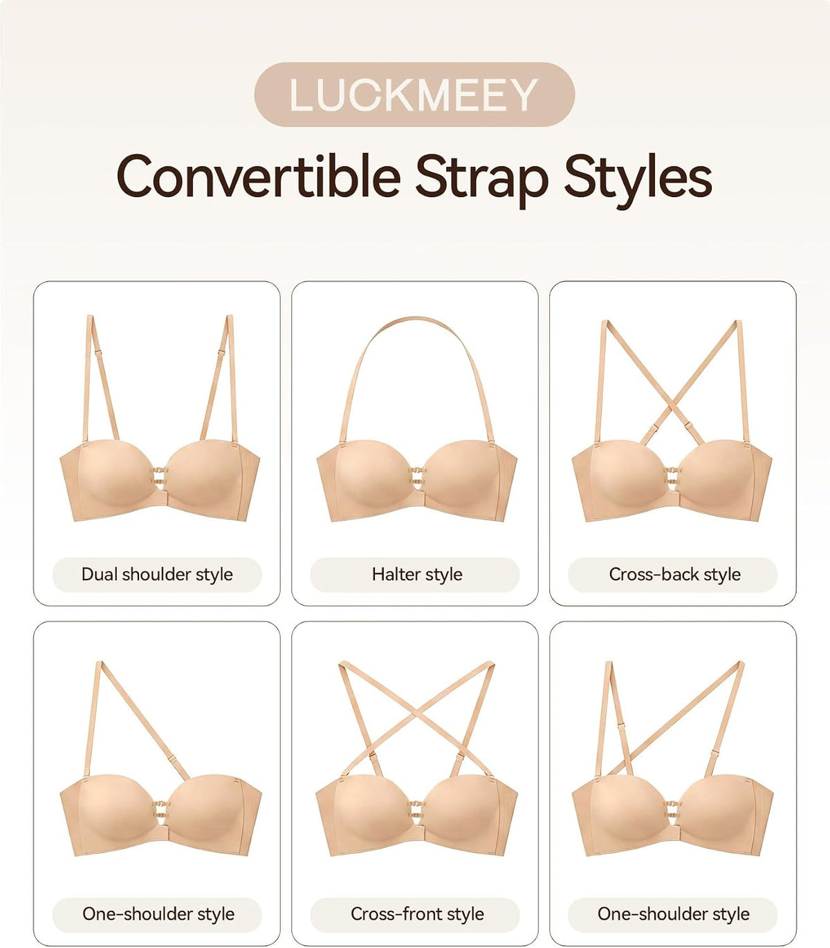 LUCKMEEY Women's Strapless Front Closure Push Up Bra, Non-Slip Removable Straps, Wireless Seamless, A-C Cup