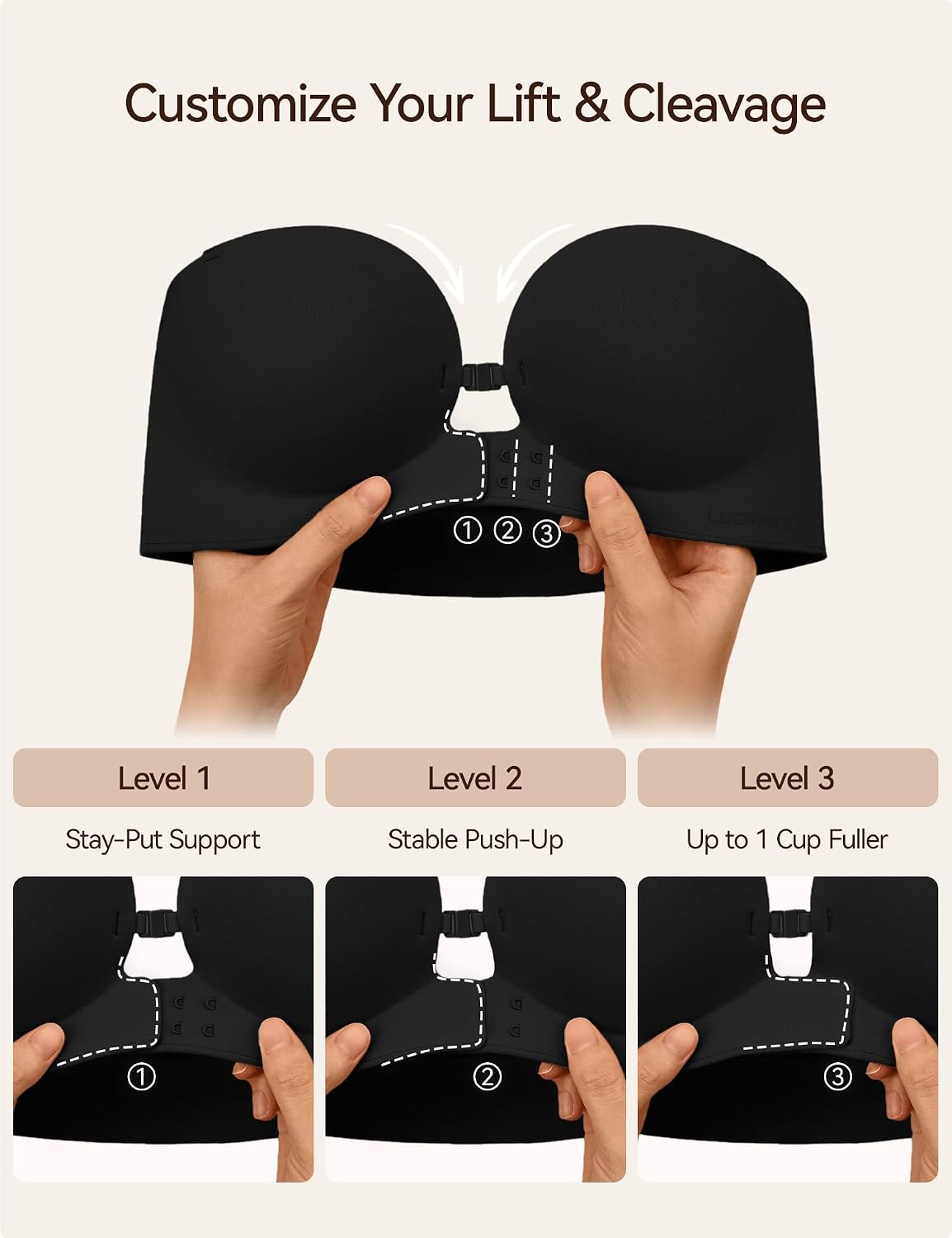 LUCKMEEY Women's Strapless Front Closure Push Up Bra, Non-Slip Removable Straps, Wireless Seamless, A-C Cup