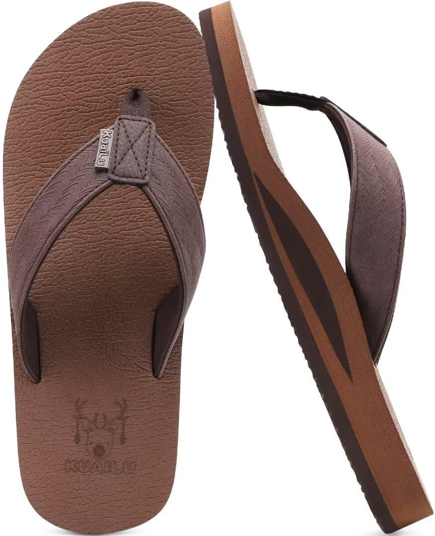 KuaiLu Mens Faux Leather Flip Flops with Comfortable Arch Support