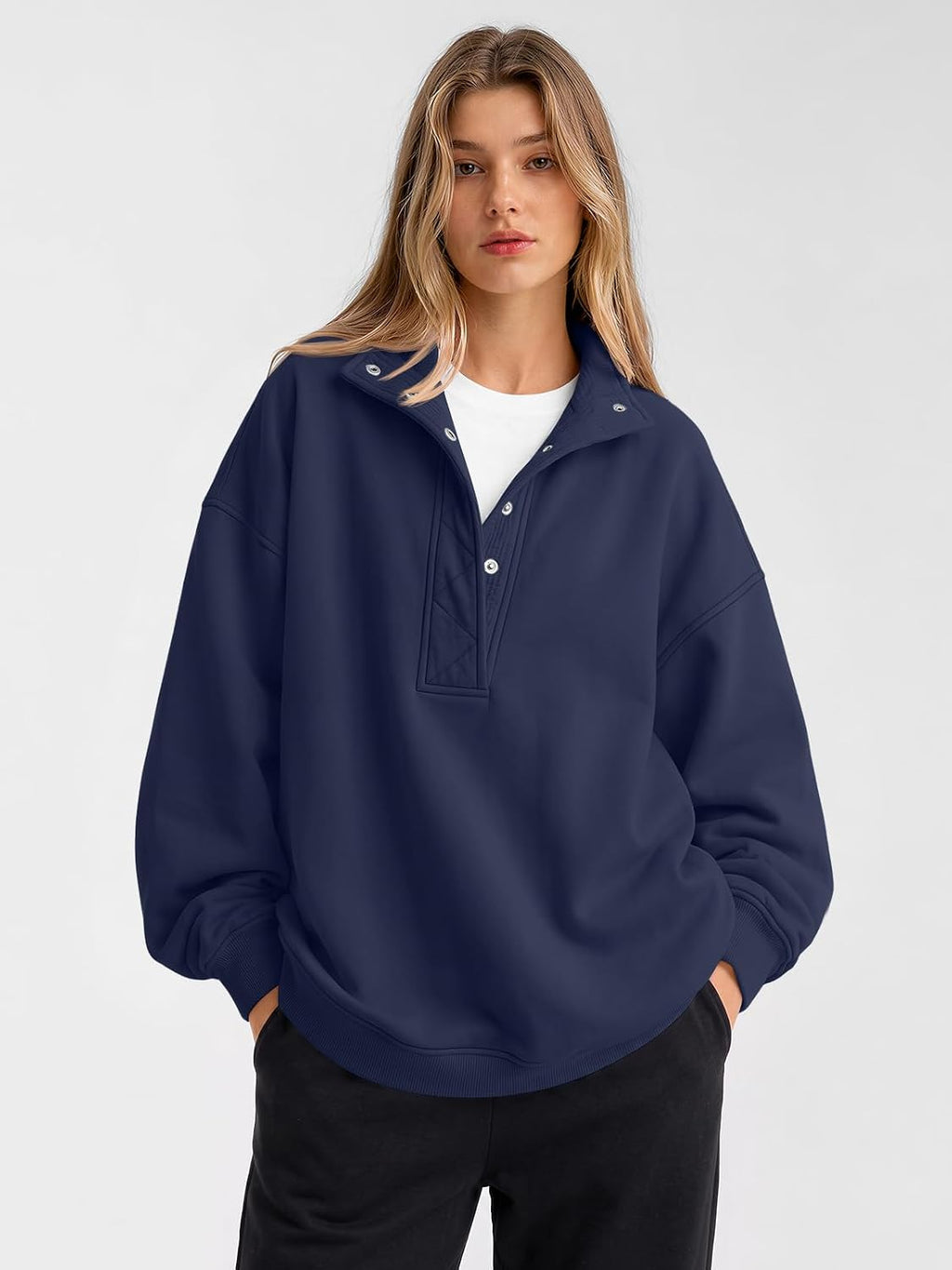 Trendy Queen Womens Oversized Sweatshirts with Snap Button Henley Collar