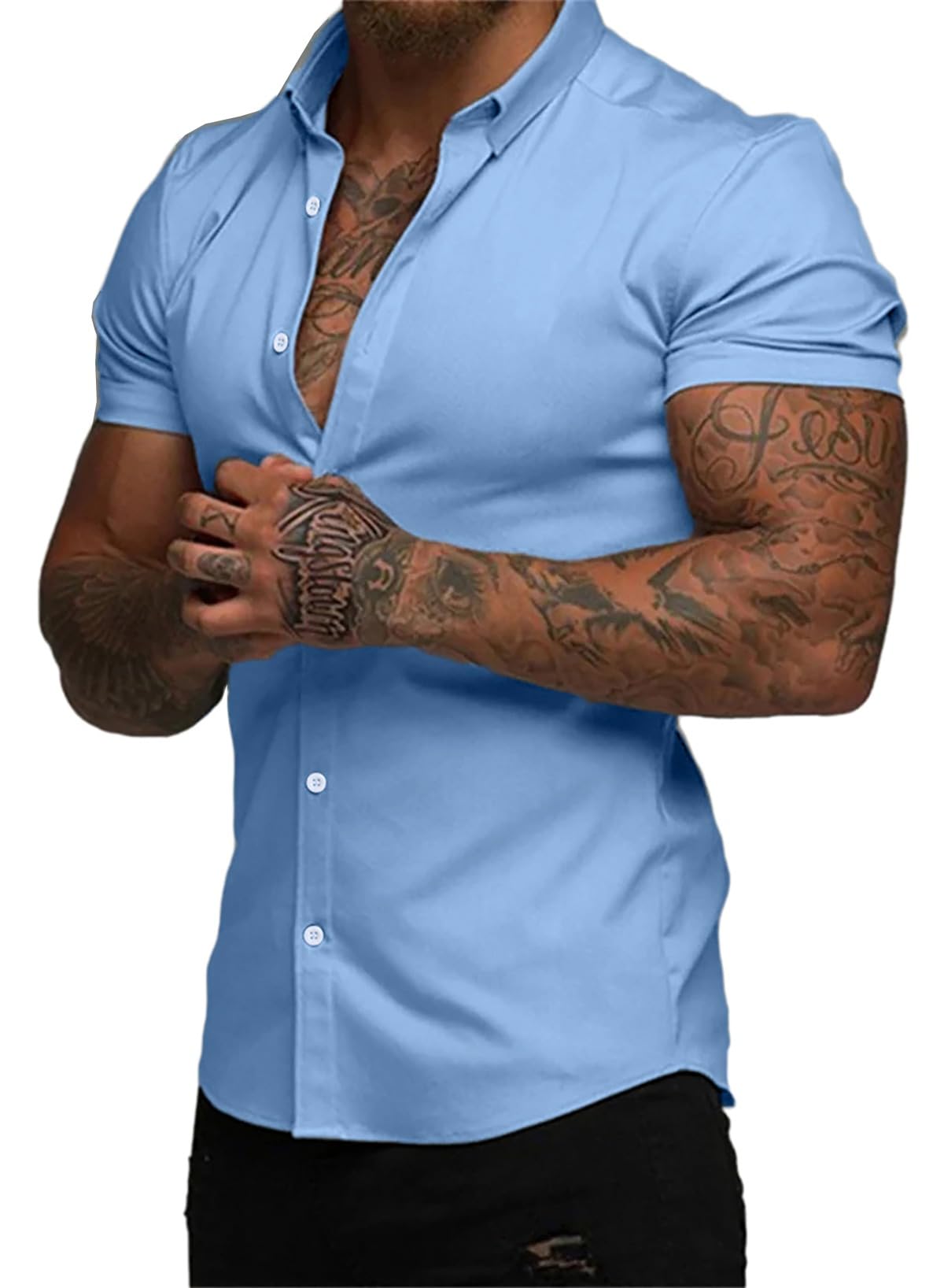 JMIERR Men's Muscle Fit High Stretch Wrinkle-Free Button Down Dress Shirts Summer Casual Short Sleeve Shirt
