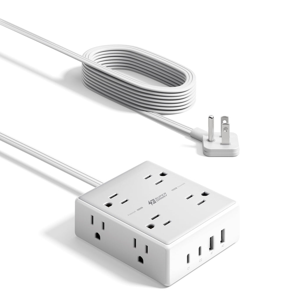 SUPERDANNY Extension Cord,Flat Plug Surge Protector Power Strip,10Ft