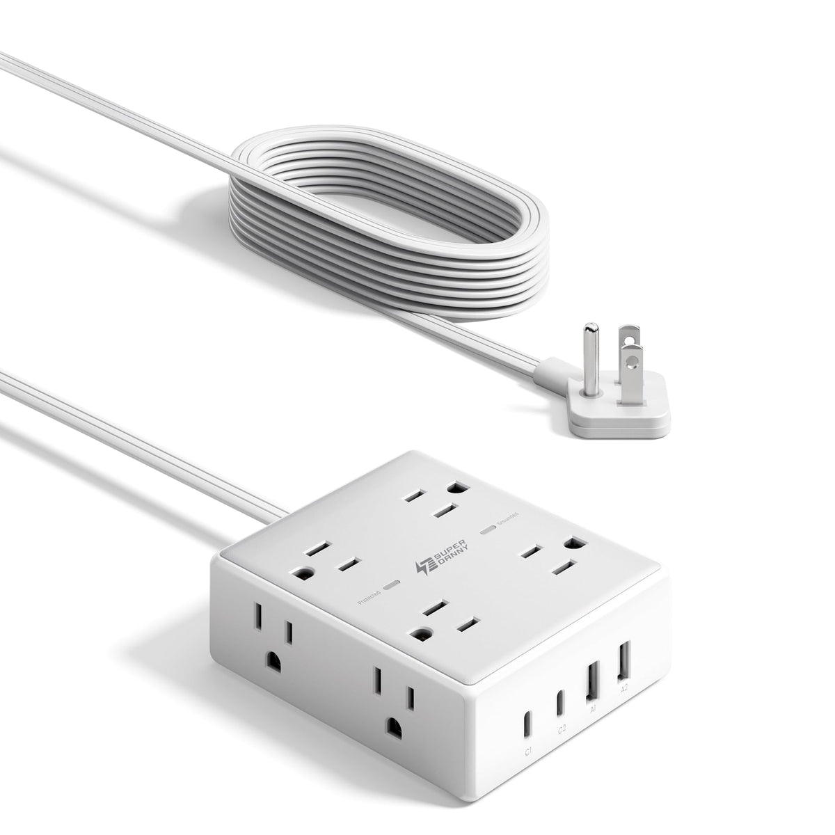 SUPERDANNY Extension Cord,Flat Plug Surge Protector Power Strip,10Ft