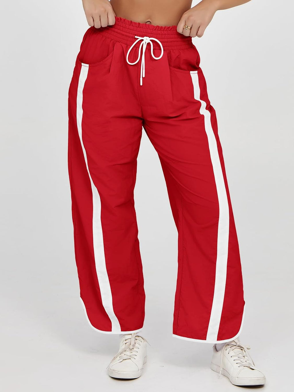 Fisoew Women's Baggy Wide Leg Pants Casual Drawstring Elastic Waisted Contrast Color Workout Y2K Track Pants
