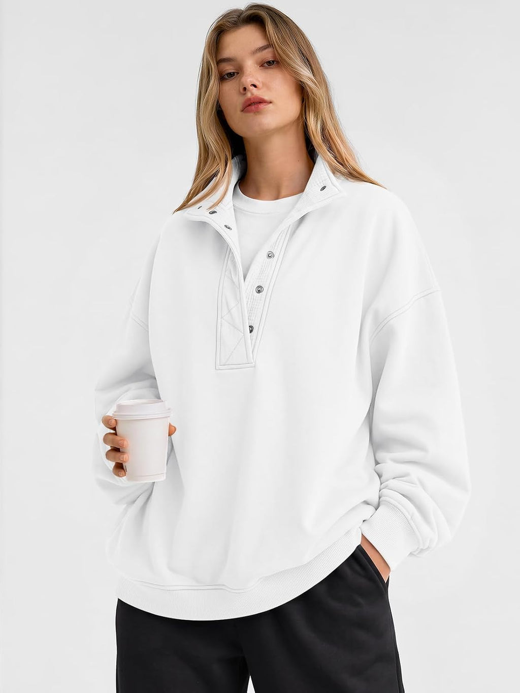 Trendy Queen Womens Oversized Sweatshirts with Snap Button Henley Collar