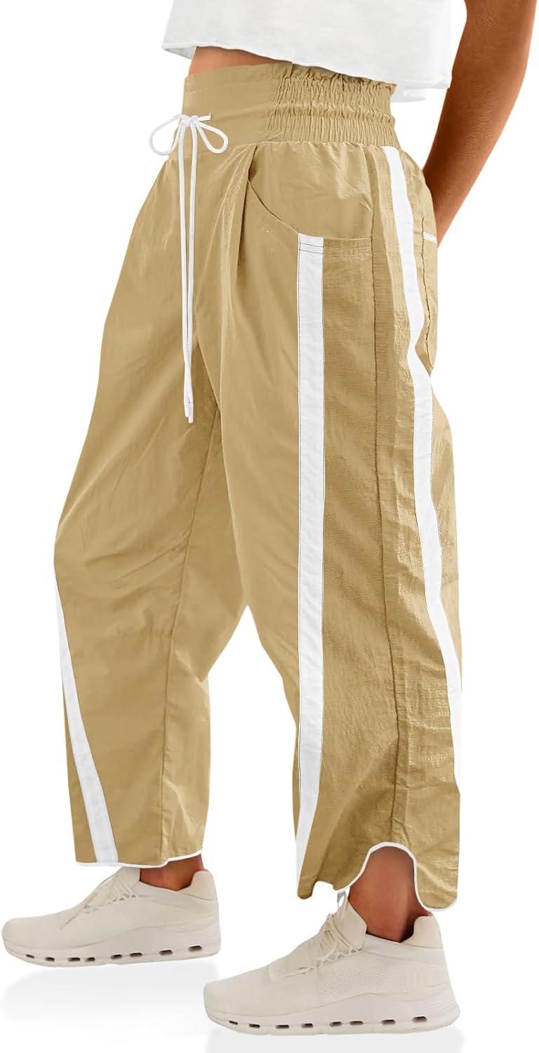 Fisoew Women's Baggy Wide Leg Pants Casual Drawstring Elastic Waisted Contrast Color Workout Y2K Track Pants