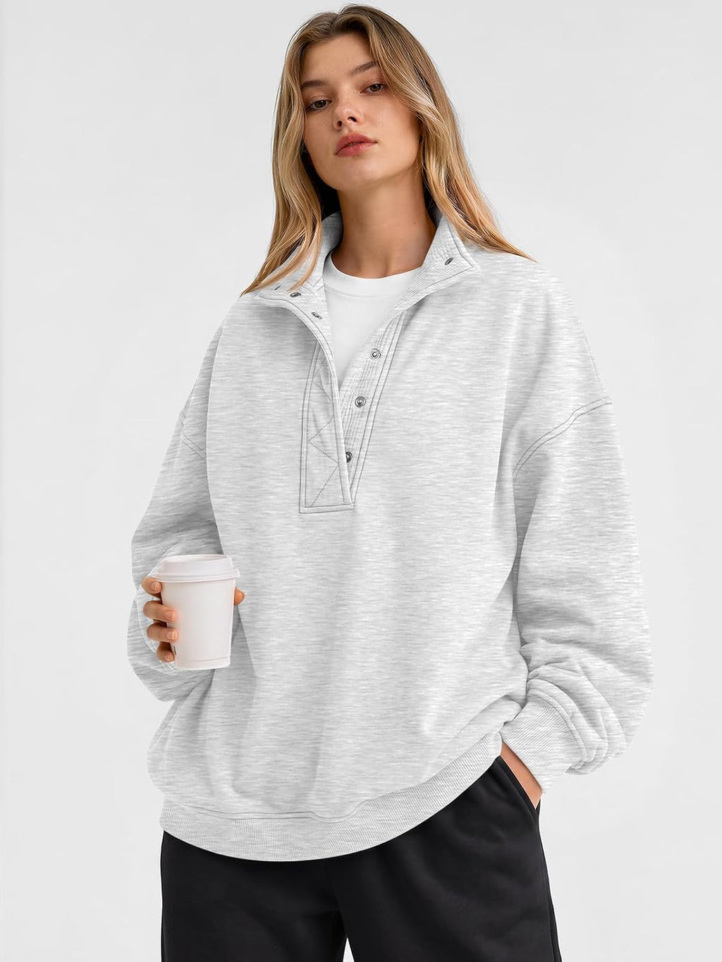 Trendy Queen Womens Oversized Sweatshirts with Snap Button Henley Collar