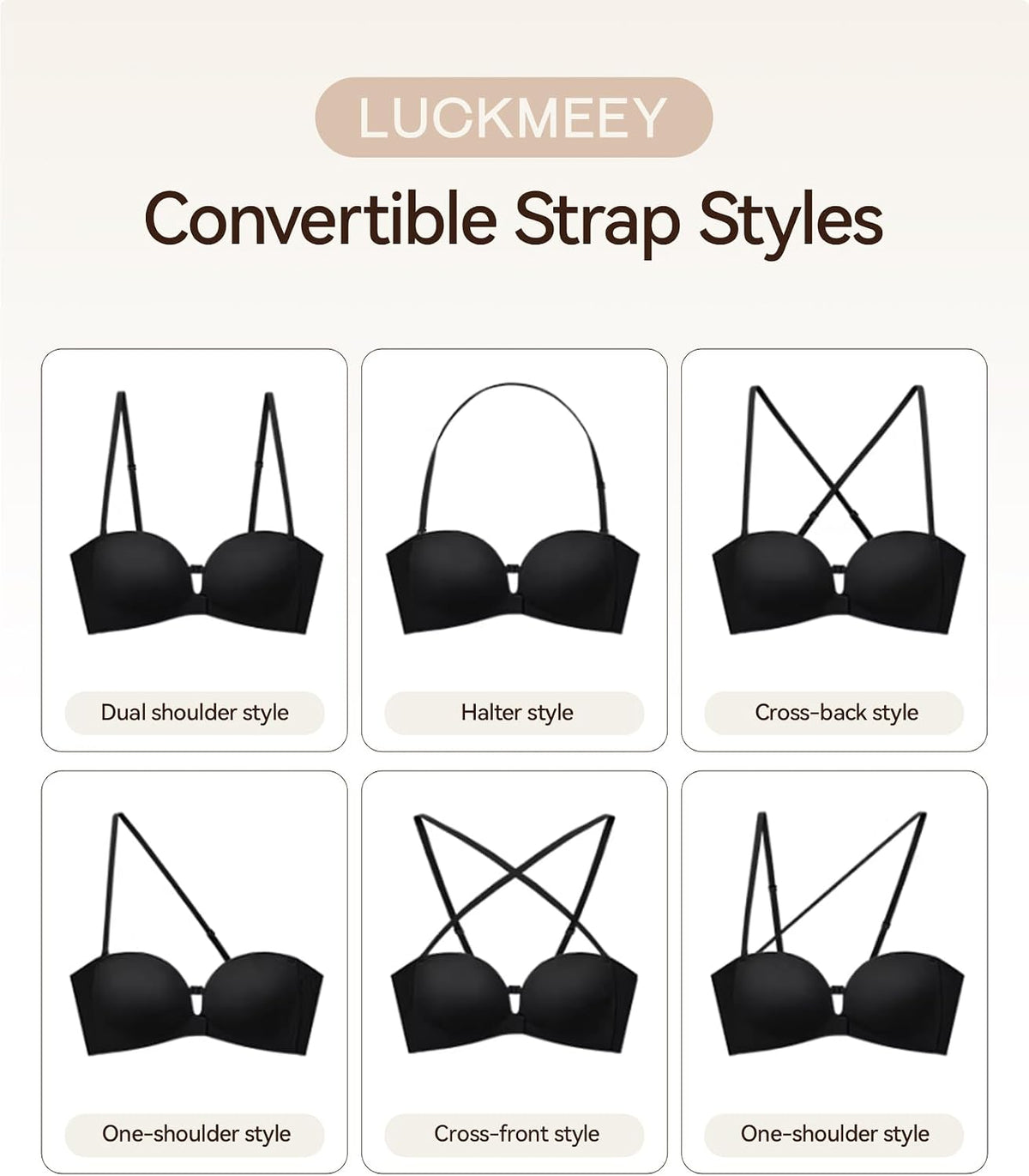 LUCKMEEY Women's Strapless Front Closure Push Up Bra, Non-Slip Removable Straps, Wireless Seamless, A-C Cup