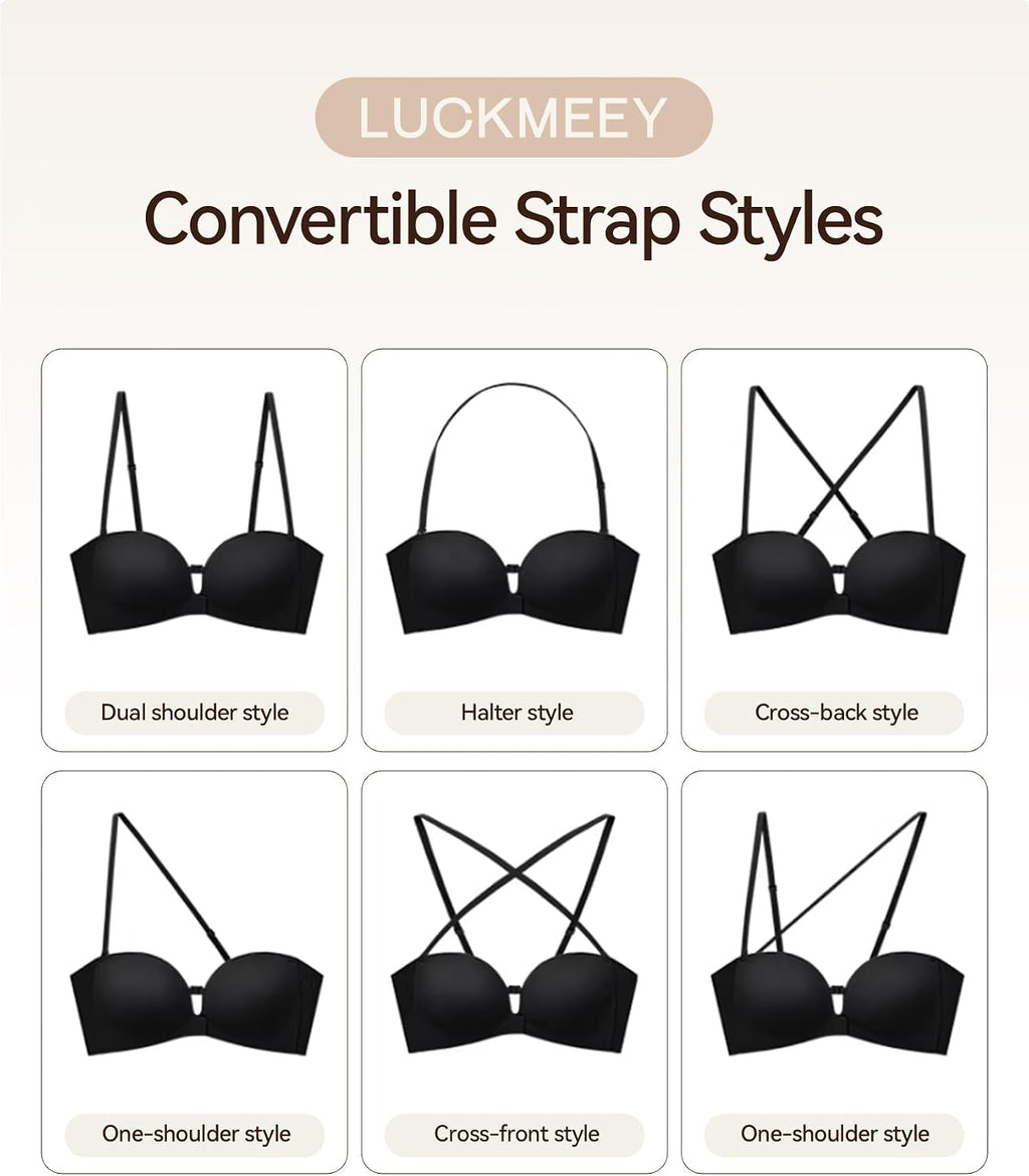 LUCKMEEY Women's Strapless Front Closure Push Up Bra, Non-Slip Removable Straps, Wireless Seamless, A-C Cup