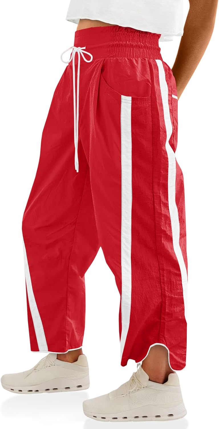 Fisoew Women's Baggy Wide Leg Pants Casual Drawstring Elastic Waisted Contrast Color Workout Y2K Track Pants