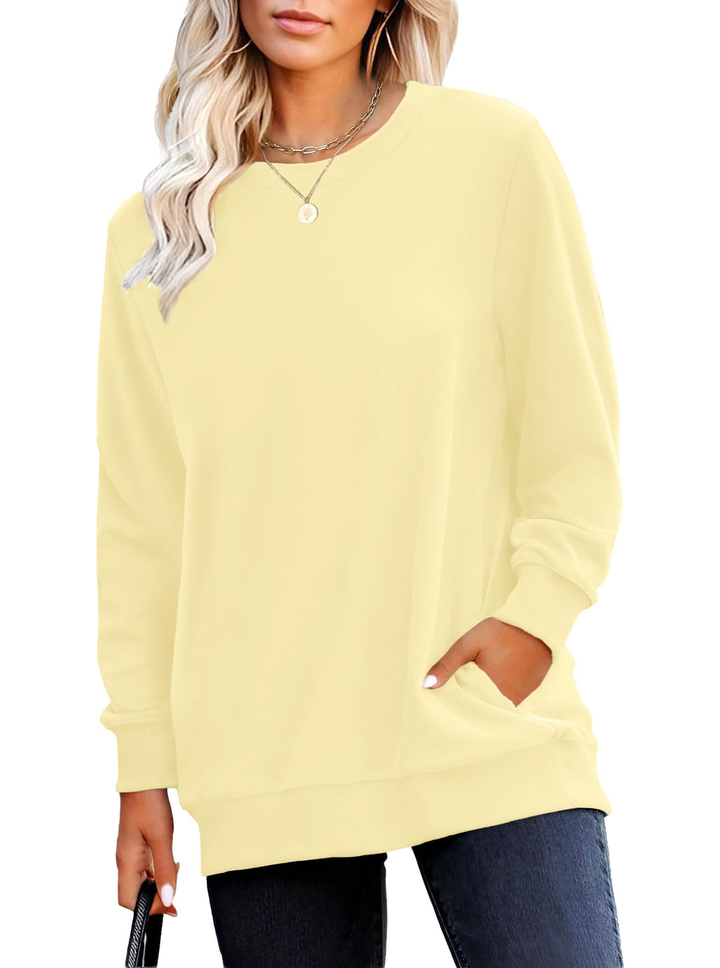RUMIA Crewneck Fall Sweatshirt for Women Plain Long Sleeve Top with Pocket