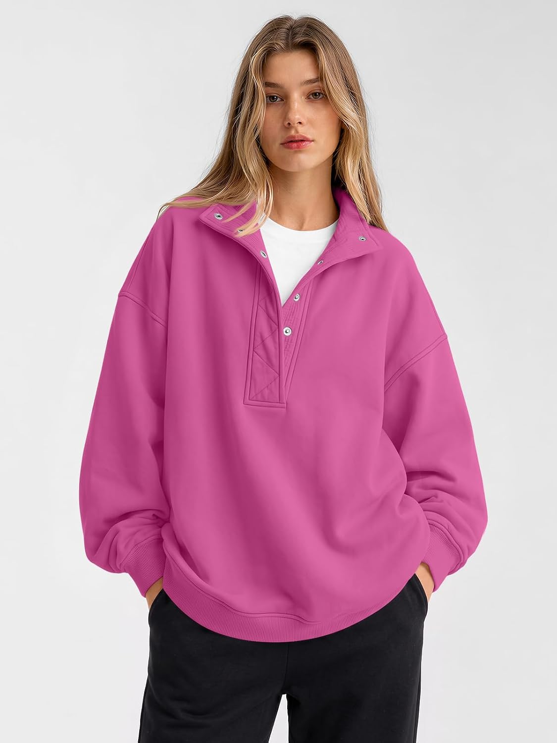 Trendy Queen Womens Oversized Sweatshirts with Snap Button Henley Collar