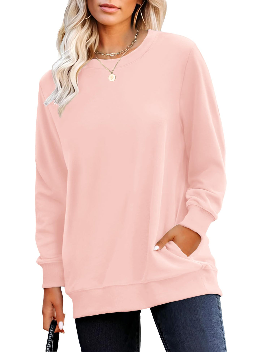 RUMIA Crewneck Fall Sweatshirt for Women Plain Long Sleeve Top with Pocket