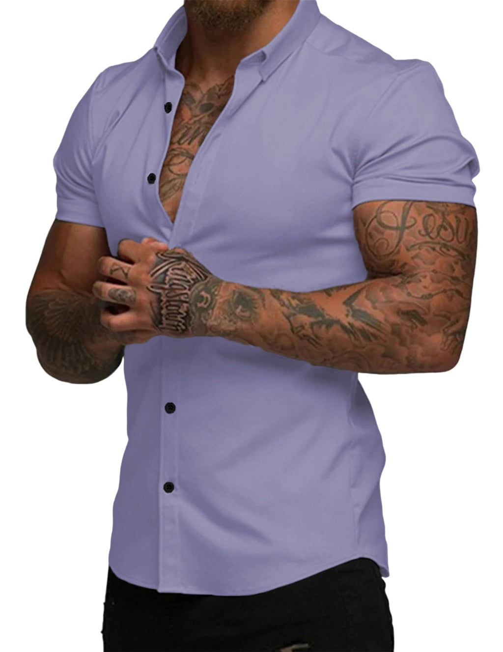 JMIERR Men's Muscle Fit High Stretch Wrinkle-Free Button Down Dress Shirts Summer Casual Short Sleeve Shirt