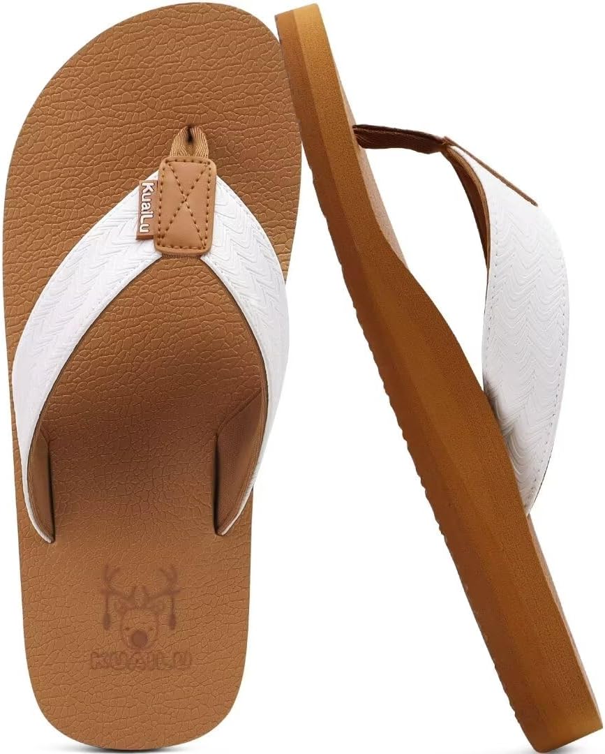 KuaiLu Mens Faux Leather Flip Flops with Comfortable Arch Support