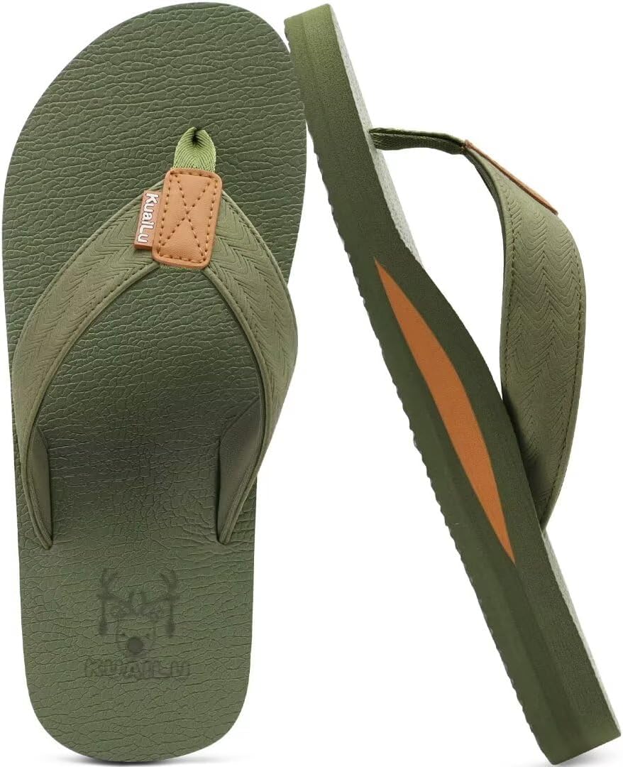 KuaiLu Mens Faux Leather Flip Flops with Comfortable Arch Support