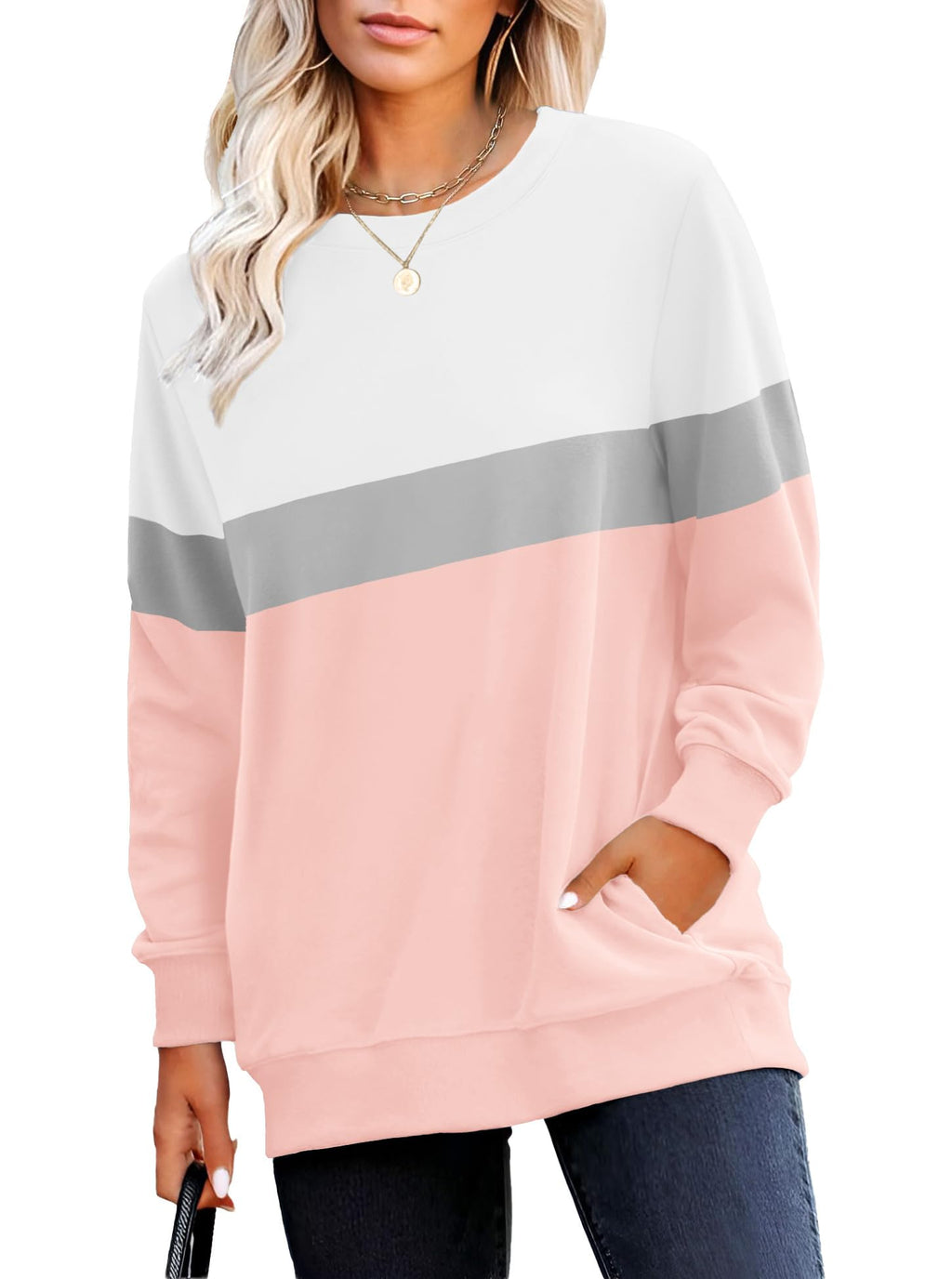 RUMIA Crewneck Fall Sweatshirt for Women Plain Long Sleeve Top with Pocket