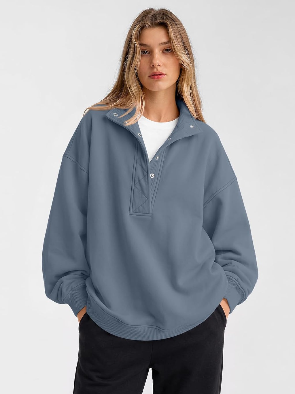 Trendy Queen Womens Oversized Sweatshirts with Snap Button Henley Collar