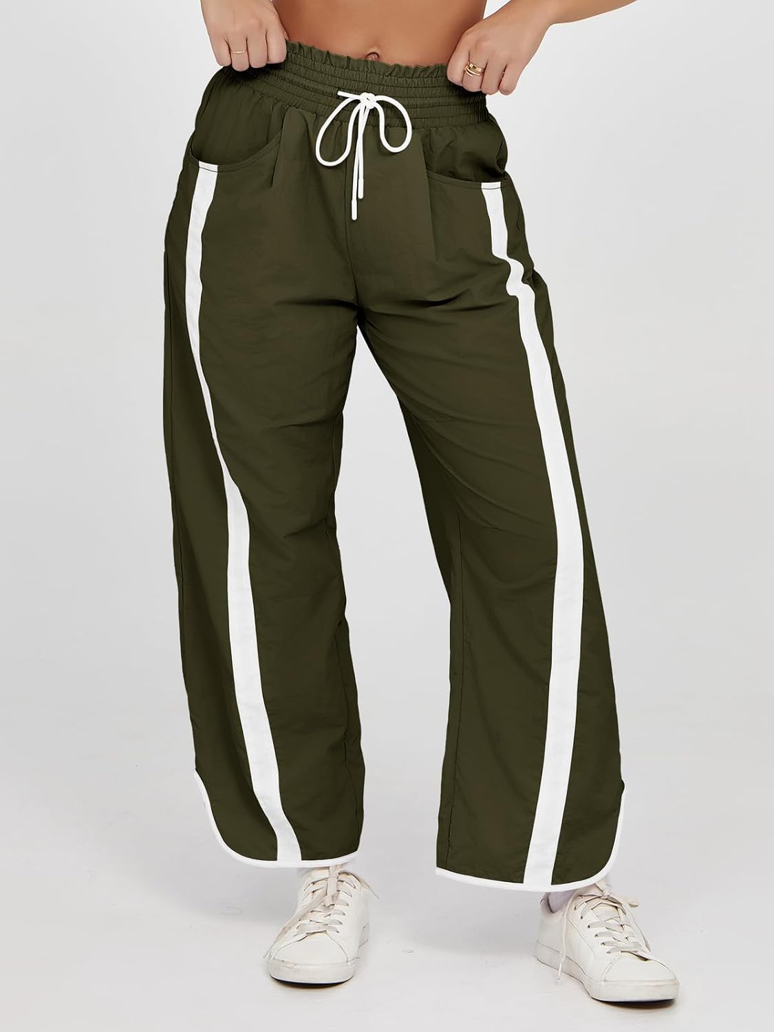 Fisoew Women's Baggy Wide Leg Pants Casual Drawstring Elastic Waisted Contrast Color Workout Y2K Track Pants