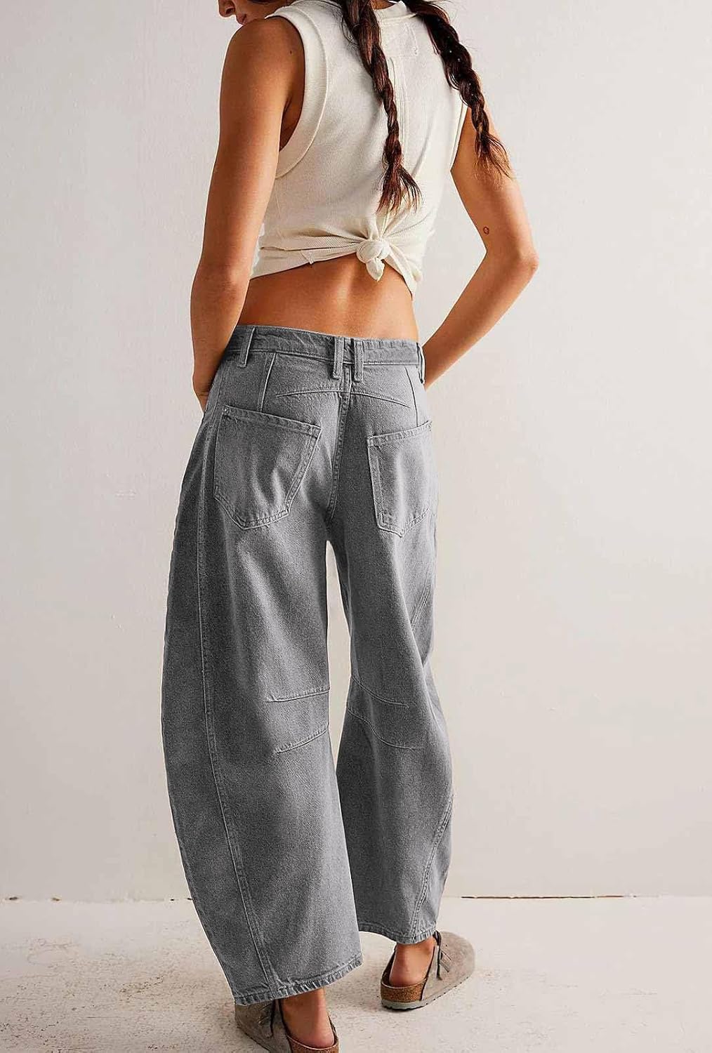 Womens Stretchy Mid Rise Barrel Jeans Vintage Loose Wide Leg Cropped Denim Pants Y2k Baggy Boyfriend Jeans