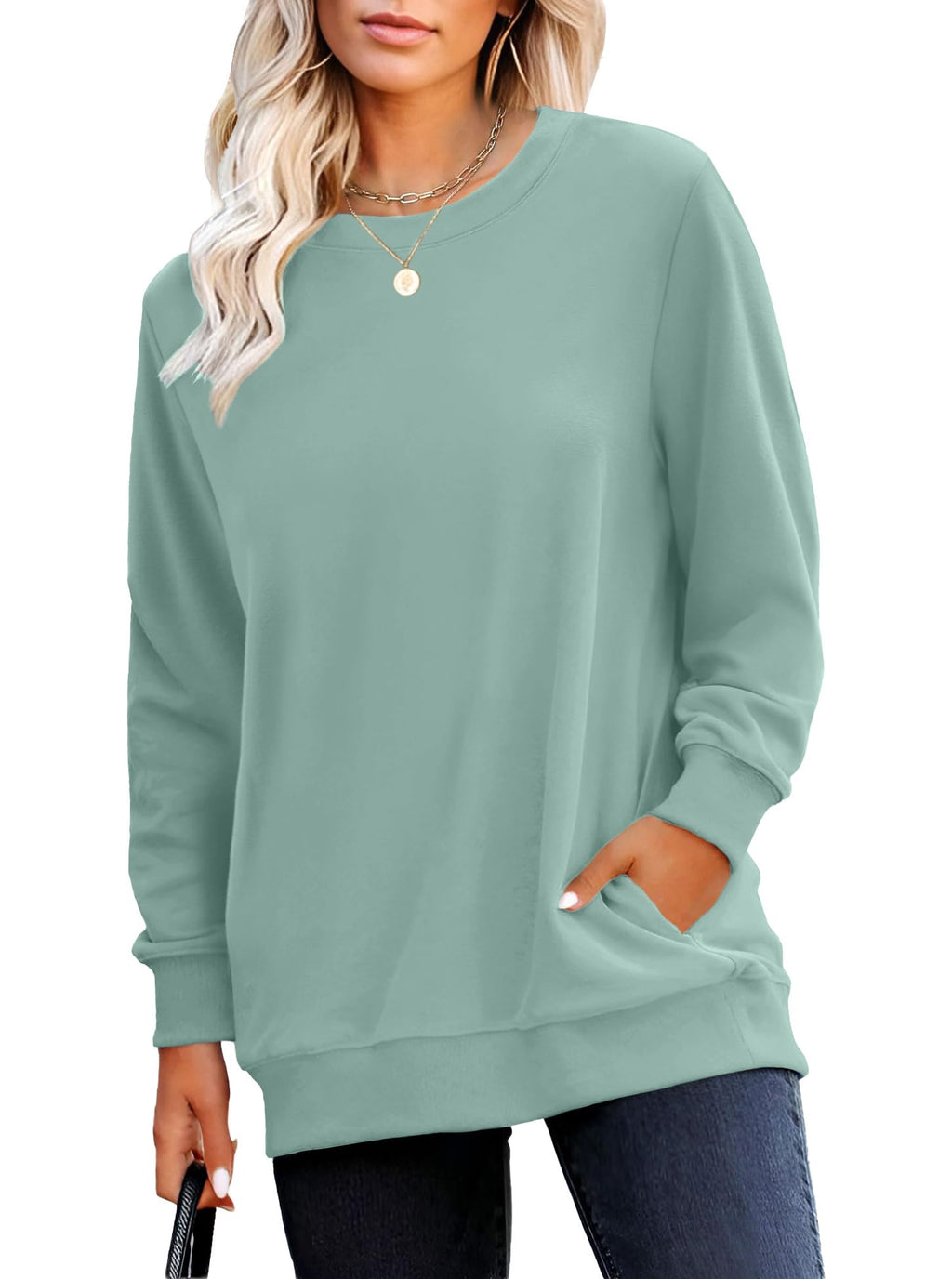 RUMIA Crewneck Fall Sweatshirt for Women Plain Long Sleeve Top with Pocket