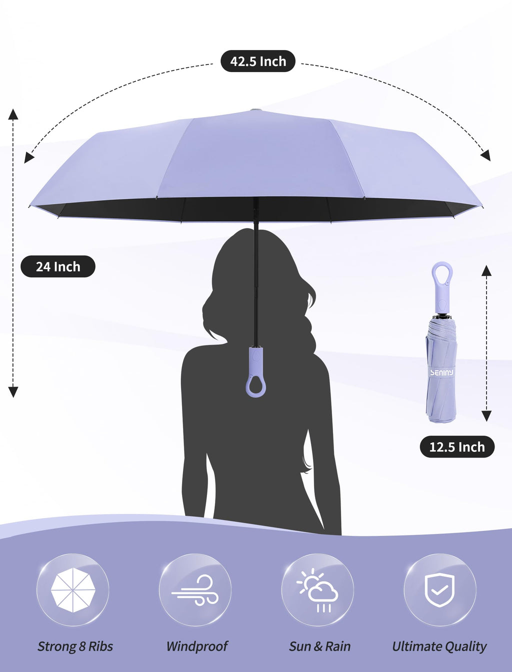 Seniny Windproof Travel Umbrella, Automatic Umbrellas for Rain, Portable & Compact Umbrellas for Backpack, Strong UV for Protection, Folding Small Sun Umbrella for Car, Walking