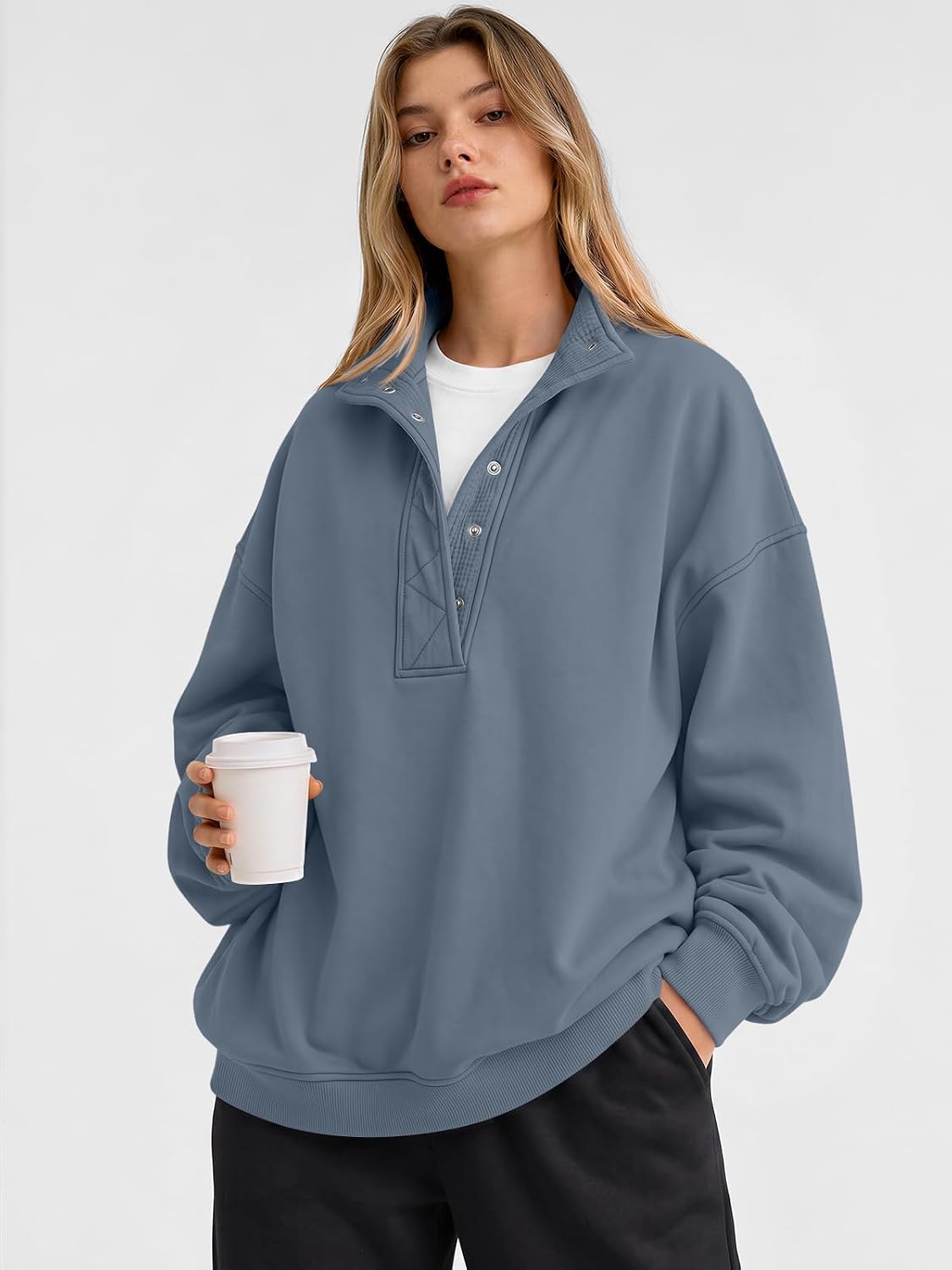 Trendy Queen Womens Oversized Sweatshirts with Snap Button Henley Collar